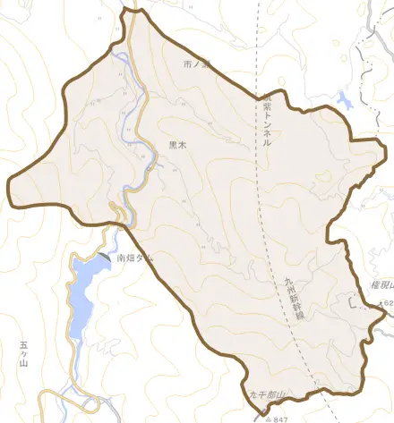 大字市ノ瀬とその周辺の地図。町の範囲を重ねている