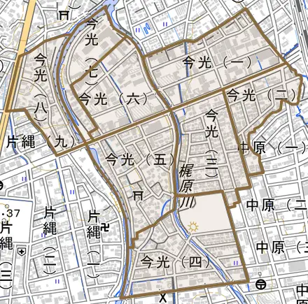 今光とその周辺の地図。町の範囲を重ねている