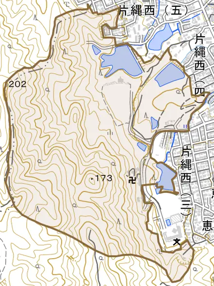 大字片縄とその周辺の地図。町の範囲を重ねている