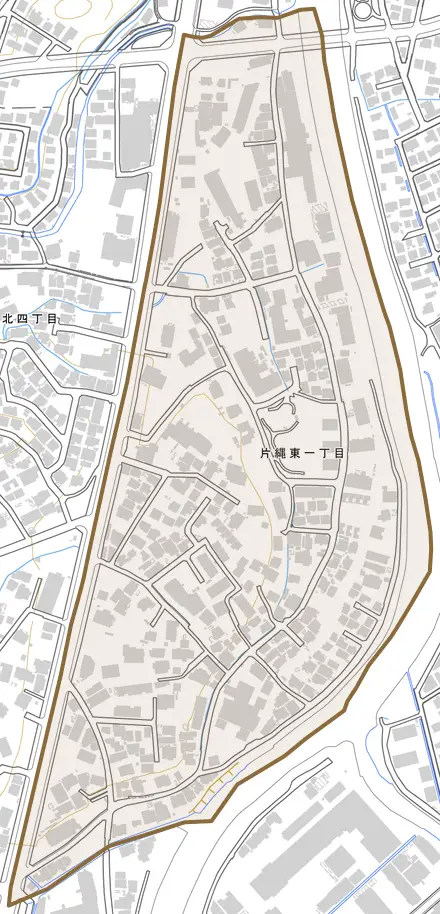 片縄東とその周辺の地図。町の範囲を重ねている