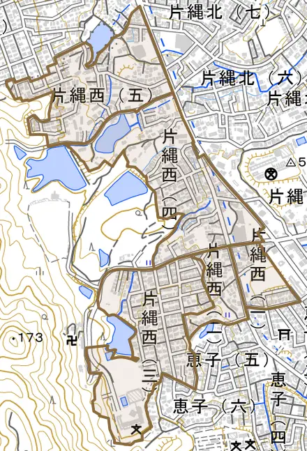 片縄西とその周辺の地図。町の範囲を重ねている