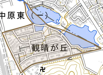 観晴が丘とその周辺の地図。町の範囲を重ねている