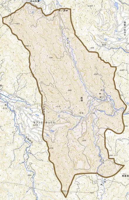 大字西畑とその周辺の地図。町の範囲を重ねている