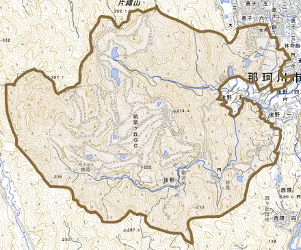 大字後野とその周辺の地図。町の範囲を重ねている