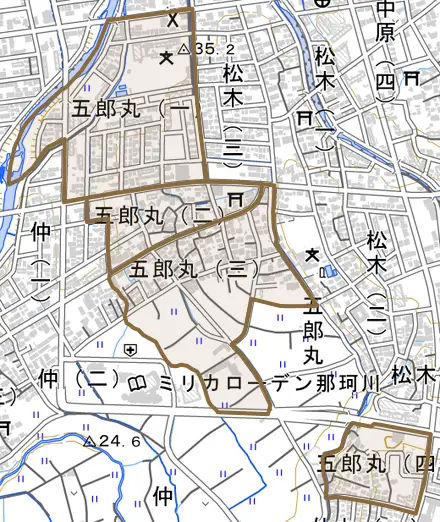 五郎丸とその周辺の地図。町の範囲を重ねている