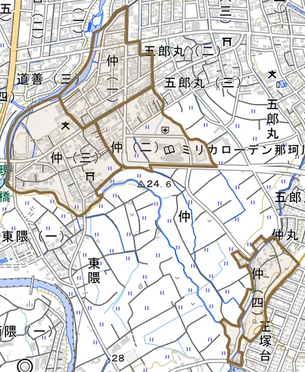 仲とその周辺の地図。町の範囲を重ねている