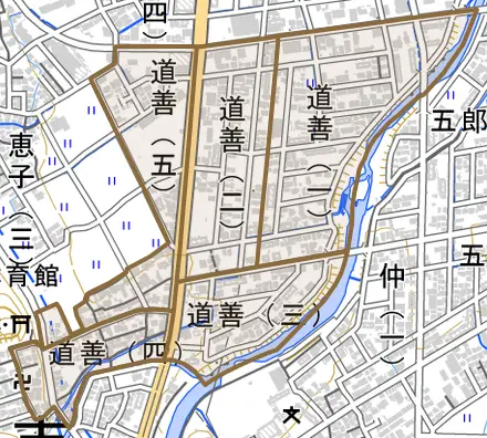 道善とその周辺の地図。町の範囲を重ねている