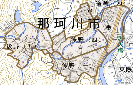 後野とその周辺の地図。町の範囲を重ねている