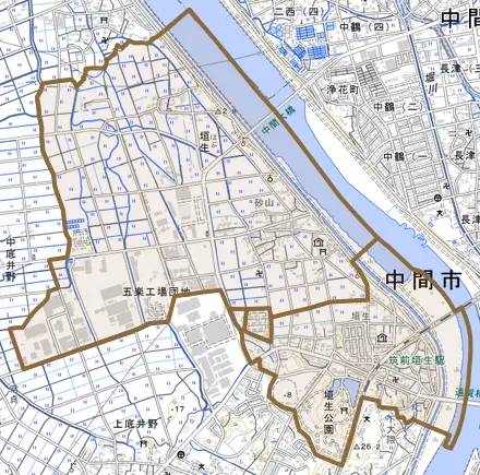 大字垣生とその周辺の地図。町の範囲を重ねている