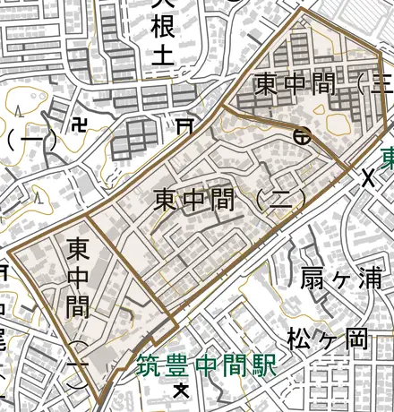 東中間とその周辺の地図。町の範囲を重ねている