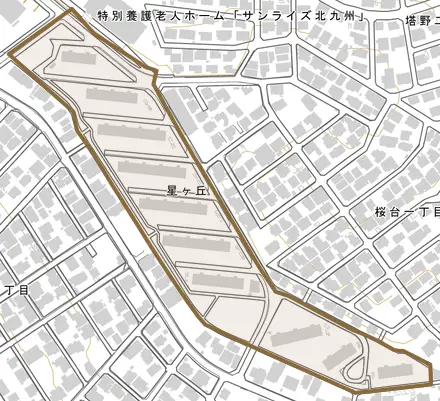 星ヶ丘とその周辺の地図。町の範囲を重ねている
