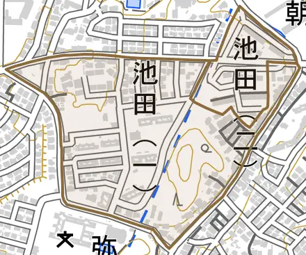 池田とその周辺の地図。町の範囲を重ねている