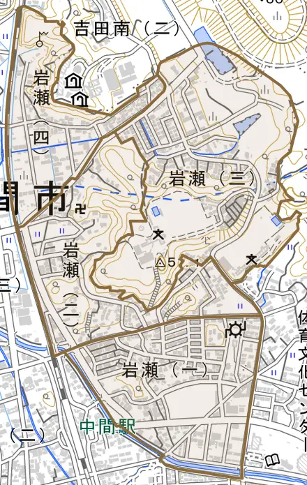 岩瀬とその周辺の地図。町の範囲を重ねている