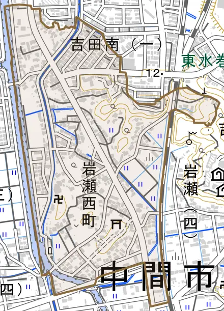 岩瀬西町とその周辺の地図。町の範囲を重ねている