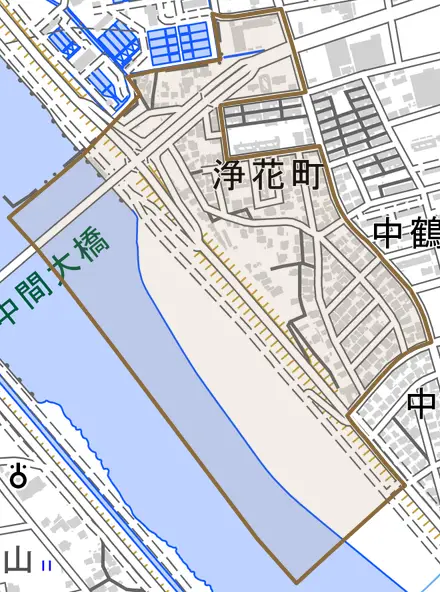 浄花町とその周辺の地図。町の範囲を重ねている