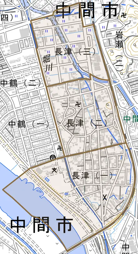 長津とその周辺の地図。町の範囲を重ねている