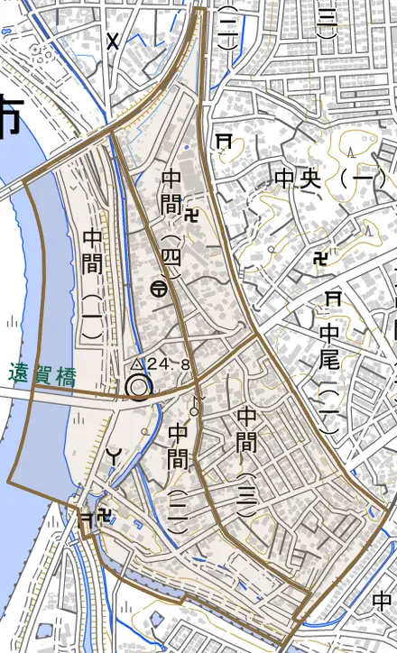 中間とその周辺の地図。町の範囲を重ねている