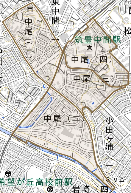 中尾とその周辺の地図。町の範囲を重ねている
