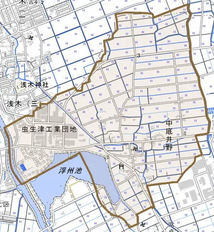 大字中底井野とその周辺の地図。町の範囲を重ねている
