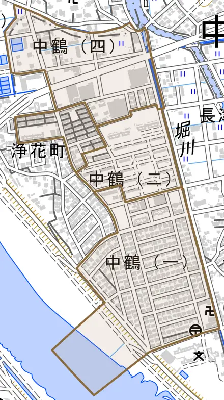 中鶴とその周辺の地図。町の範囲を重ねている