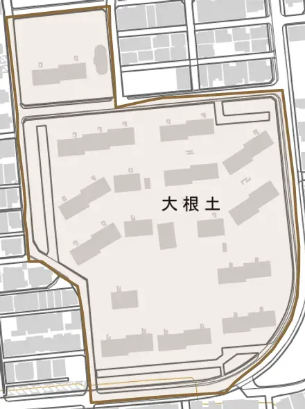 大根土とその周辺の地図。町の範囲を重ねている