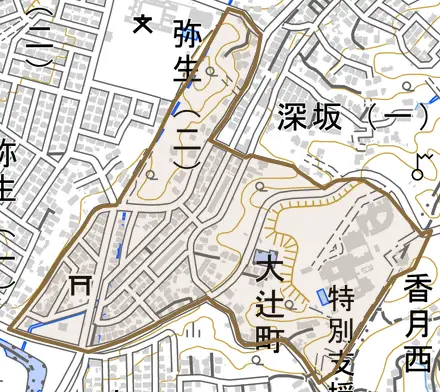 大辻町とその周辺の地図。町の範囲を重ねている