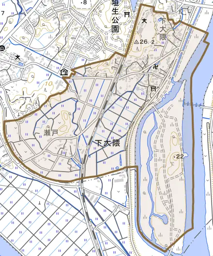 大字下大隈とその周辺の地図。町の範囲を重ねている