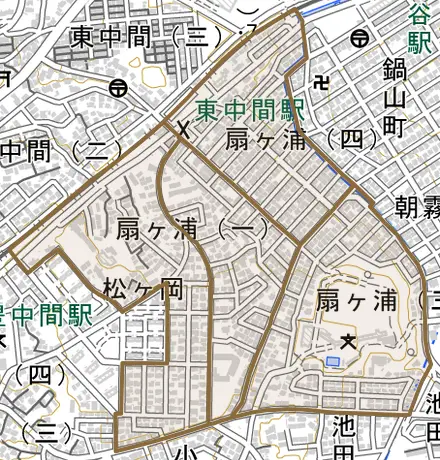 扇ヶ浦とその周辺の地図。町の範囲を重ねている