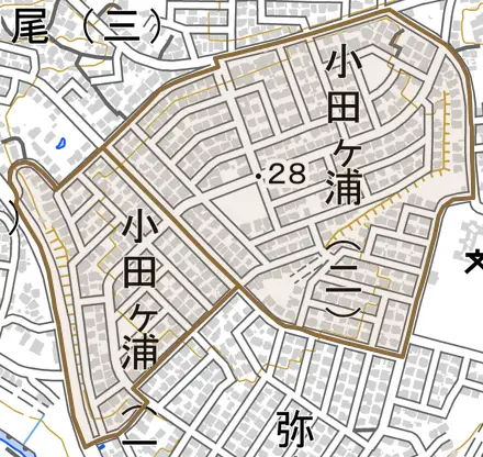 小田ヶ浦とその周辺の地図。町の範囲を重ねている
