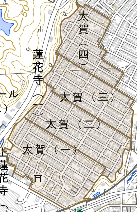 太賀とその周辺の地図。町の範囲を重ねている