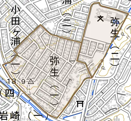 弥生とその周辺の地図。町の範囲を重ねている