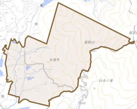 大字永満寺とその周辺の地図。町の範囲を重ねている