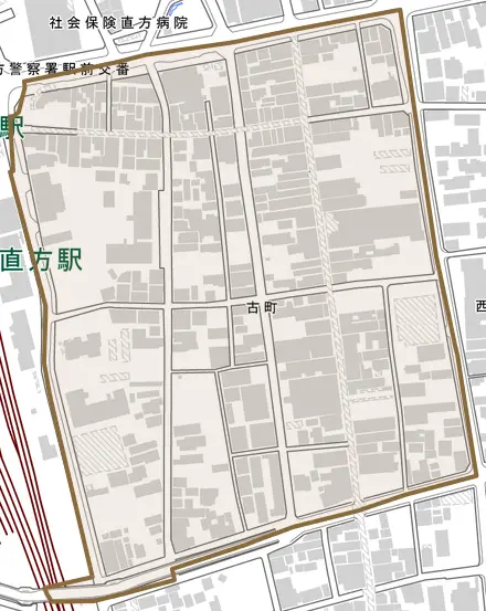古町とその周辺の地図。町の範囲を重ねている