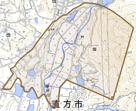 大字畑とその周辺の地図。町の範囲を重ねている