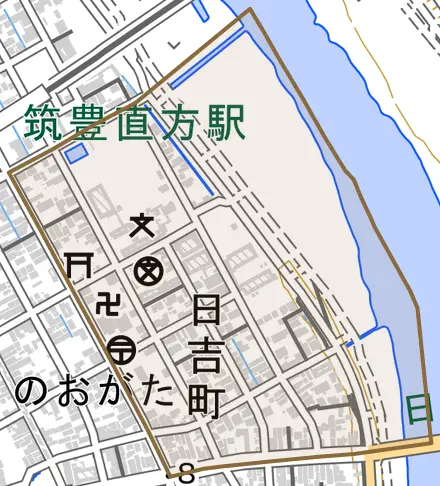 日吉町とその周辺の地図。町の範囲を重ねている