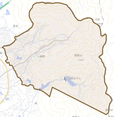大字上頓野とその周辺の地図。町の範囲を重ねている
