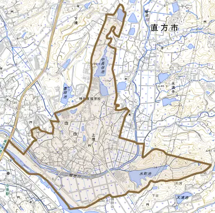 大字上境とその周辺の地図。町の範囲を重ねている