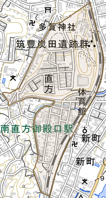 大字直方とその周辺の地図。町の範囲を重ねている