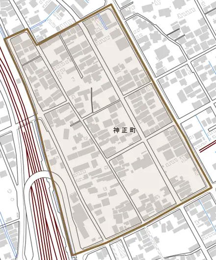 神正町とその周辺の地図。町の範囲を重ねている