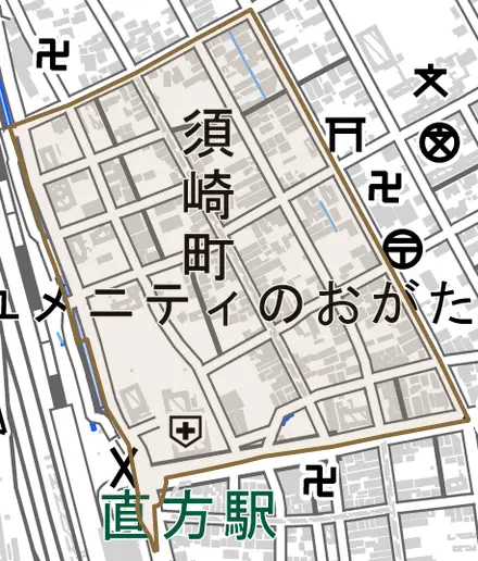 須崎町とその周辺の地図。町の範囲を重ねている