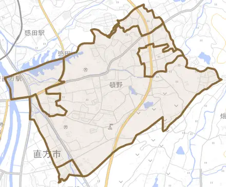 大字頓野とその周辺の地図。町の範囲を重ねている