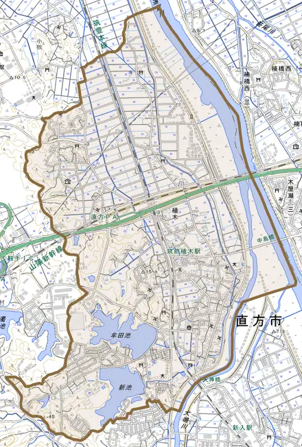 大字植木とその周辺の地図。町の範囲を重ねている