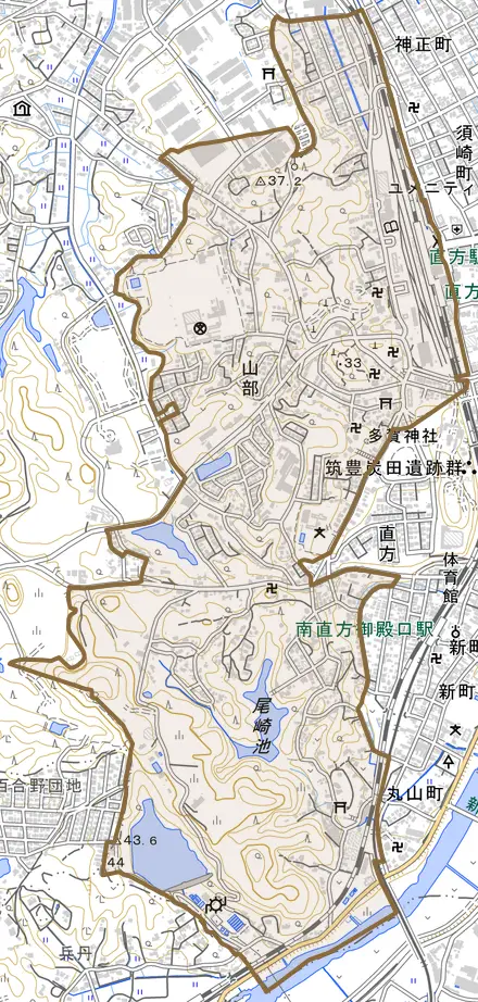 大字山部とその周辺の地図。町の範囲を重ねている