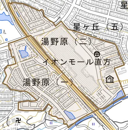 湯野原とその周辺の地図。町の範囲を重ねている