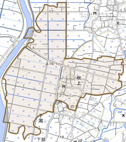 吹上とその周辺の地図。町の範囲を重ねている