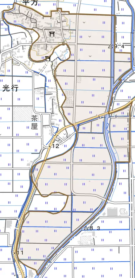 平方とその周辺の地図。町の範囲を重ねている