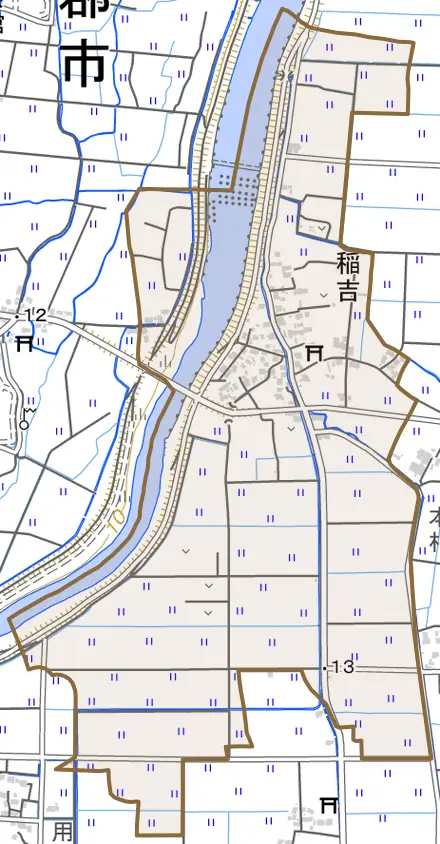 稲吉とその周辺の地図。町の範囲を重ねている