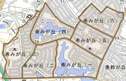 希みが丘とその周辺の地図。町の範囲を重ねている