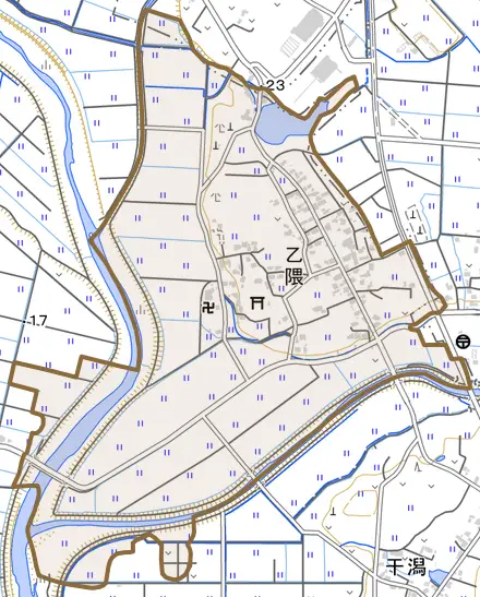 乙隈とその周辺の地図。町の範囲を重ねている
