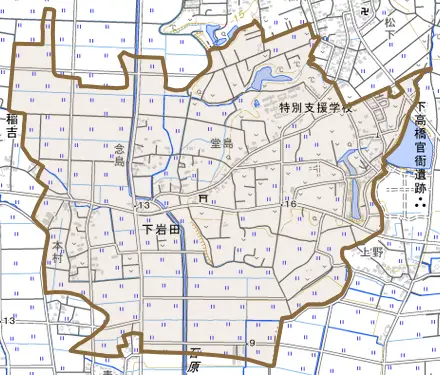 下岩田とその周辺の地図。町の範囲を重ねている